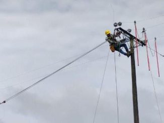 Operarios de Saesa realizando labores de mantenimiento en la red eléctrica durante un día nublado