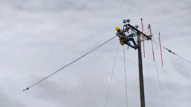Operarios de Saesa realizando labores de mantenimiento en la red eléctrica durante un día nublado