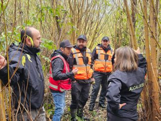 Equipos municipales de Valdivia realizando labores de limpieza y drenaje durante un temporal de lluvias.