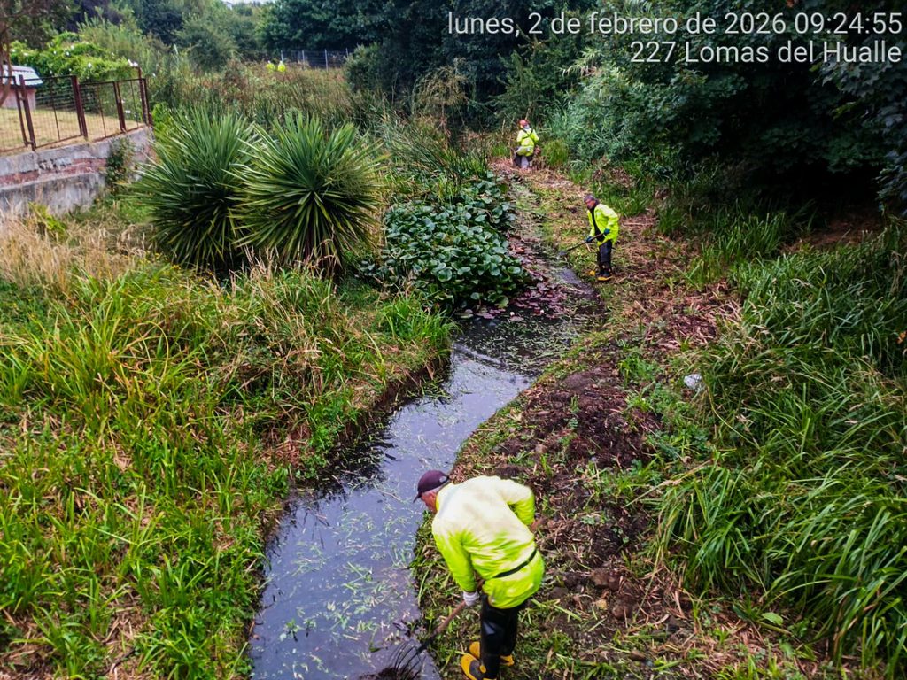 Equipos municipales de Valdivia realizando labores de limpieza y drenaje durante un temporal de lluvias.