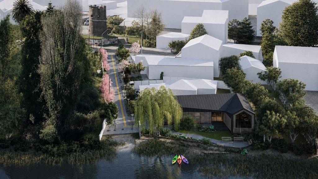 Vecinos y autoridades municipales revisando los planos del diseño final para el proyecto Pasaje Orella en Valdivia