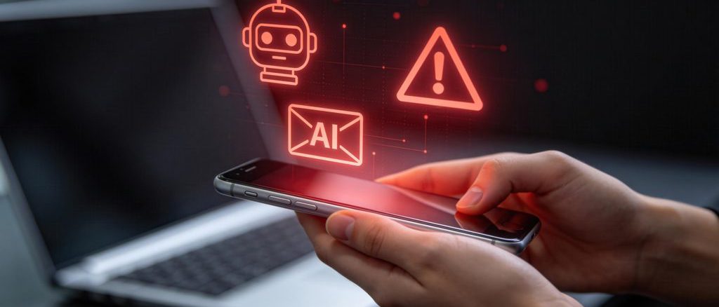 Persona preocupada revisando su celular ante riesgo de estafas digitales con inteligencia artificial