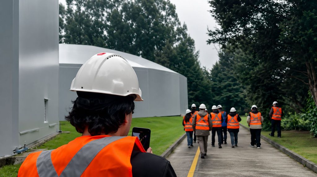 Estudiantes de ingenieria ambiental de Inacap recorriendo la planta de tratamiento de aguas en Valdivia