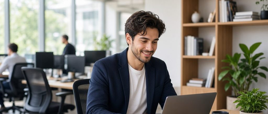 Jóvenes profesionales trabajando en un entorno moderno y flexible en una oficina en Chile