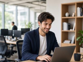 Jóvenes profesionales trabajando en un entorno moderno y flexible en una oficina en Chile