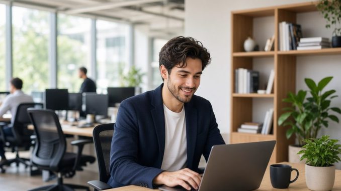 Jóvenes profesionales trabajando en un entorno moderno y flexible en una oficina en Chile