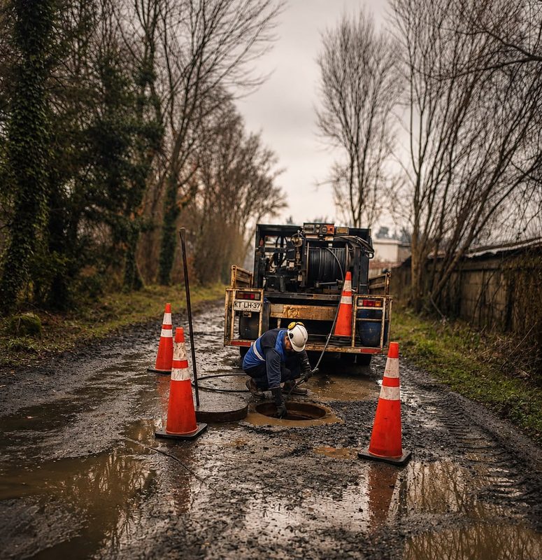 Personal operativo de Aguas Décima realizando labores de mantenimiento en las redes de alcantarillado de Valdivia ante lluvias intensas.