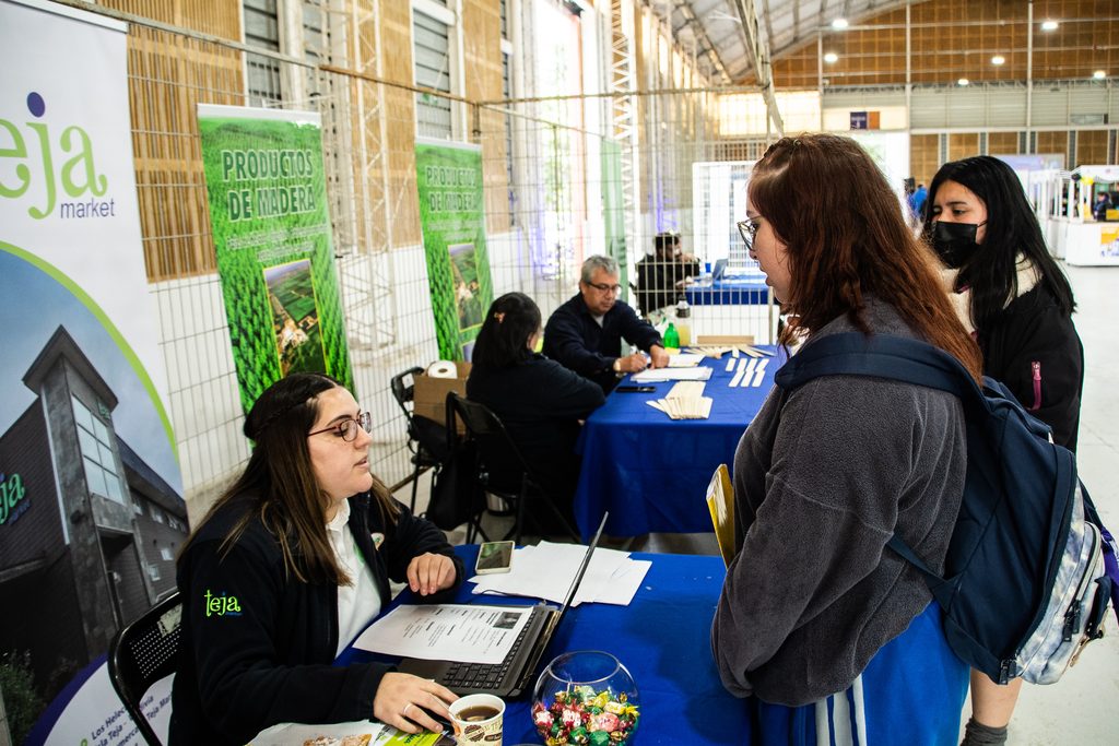 Participantes y empresas reunidos en el Coliseo Municipal de Valdivia durante la feria laboral.