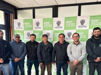 Puestos de feria libre funcionando en una calle de Valdivia con vendedores locales