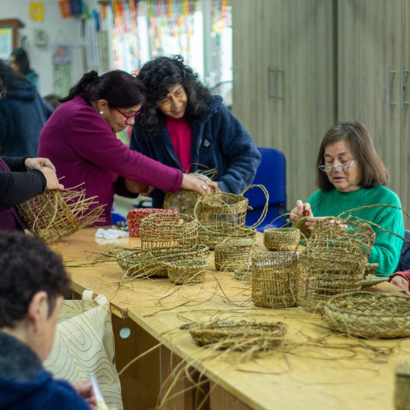 Vecinos de Barrios Bajos y Angachilla exhiben sus cestos tejidos con fibra de ñocha durante el cierre del proyecto Manos que Traman