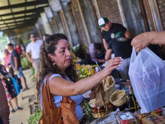 Productores y emprendedores participando en el evento AgroImpacta en el Mercado Estación de Valdivia