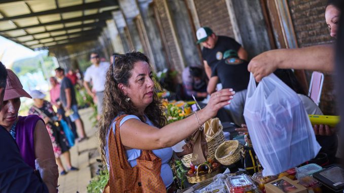 Productores y emprendedores participando en el evento AgroImpacta en el Mercado Estación de Valdivia