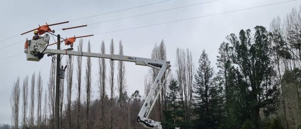 Operarios de Saesa realizando trabajos de mantenimiento en la red electrica de la costa de Valdivia